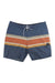 The Vissla Mens Cheater Five 18.5 Inch Boardshort features a blue base, white drawstring, orange/beige/yellow stripes, and a black patch on the left leg. Made from 4-way stretch fabric for comfort and style in men's swimwear.