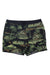 The Roark Men's Shorey 16 Inch Bungalow Boardshort features a tropical pattern with green palm trees and thatched huts, an island-inspired design, and a drawstring waistband—perfect for relaxing by the water.