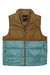 The Marmot Womens Guides Down Vest is a sleeveless vest for women with a brown upper and light blue lower section, front zipper, two large pockets, and chest logo—ideal for layering outdoors.