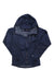 The Outdoor Research Women's Helium Rain Jacket is an ultralight, waterproof navy jacket with a hood, front zipper, chest pocket, and long sleeves, shown on a white background.