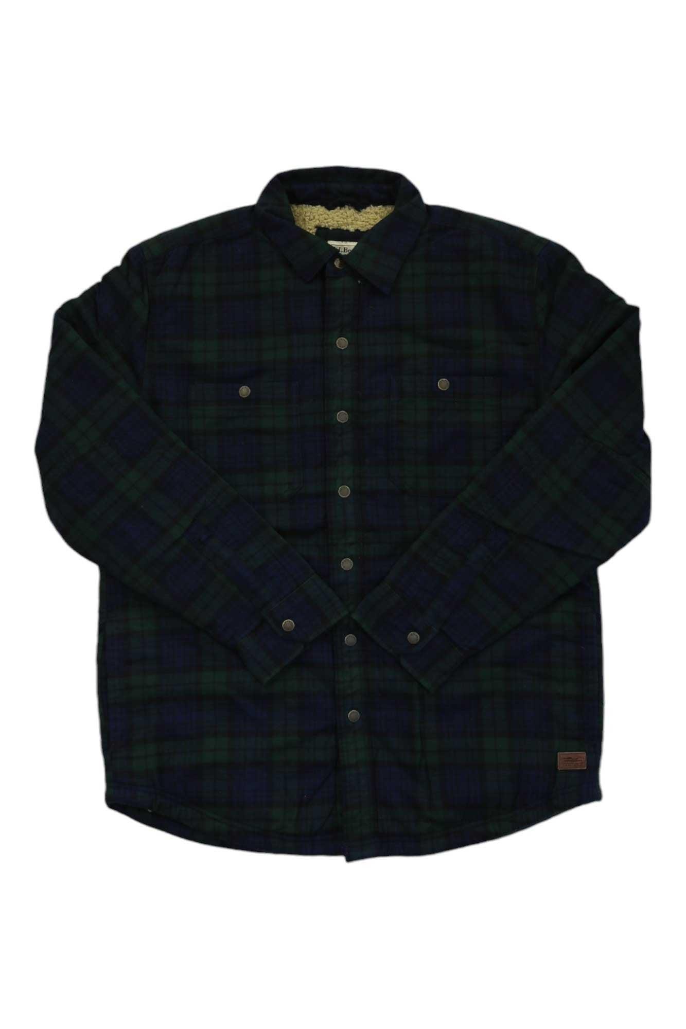 The L.L.Bean Men's Sherpa Lined Scotch Plaid LS Shirt features long sleeves, a button-up front, two chest pockets, a collar, and a dark green/navy plaid pattern. It is shown laid flat on a white background.