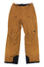 The Outdoor Research Mens Snowcrew Pant - Tall is a pair of mustard yellow men's snow pants with black reinforced cuffs, front zipper and button closure, belt loops, zippered pockets, and "OR" branding on the right thigh.