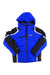 The Spyder Boys Challenger Jacket in blue and black with white accents features water-repellent fabric, PrimaLoft Black Eco insulation, front zipper, zippered chest pocket, chest Spyder logo, long sleeves, and a sporty design.