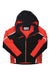 The Spyder Boys Challenger Jacket features red and black color blocking with white accent stripes, a black spiderweb near the hem, water-repellent fabric, a front zipper, and an inner collar label.
