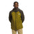 A person wearing The North Face Mens Valle Vista Jacket in green and dark gray with a hood, standing with hands in pockets against a plain white background.