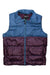 The Marmot Mens Guides Down Vest is a sleeveless insulated vest with a blue upper and maroon lower section, front zipper, and two large pockets—perfect for layering during outdoor activities.