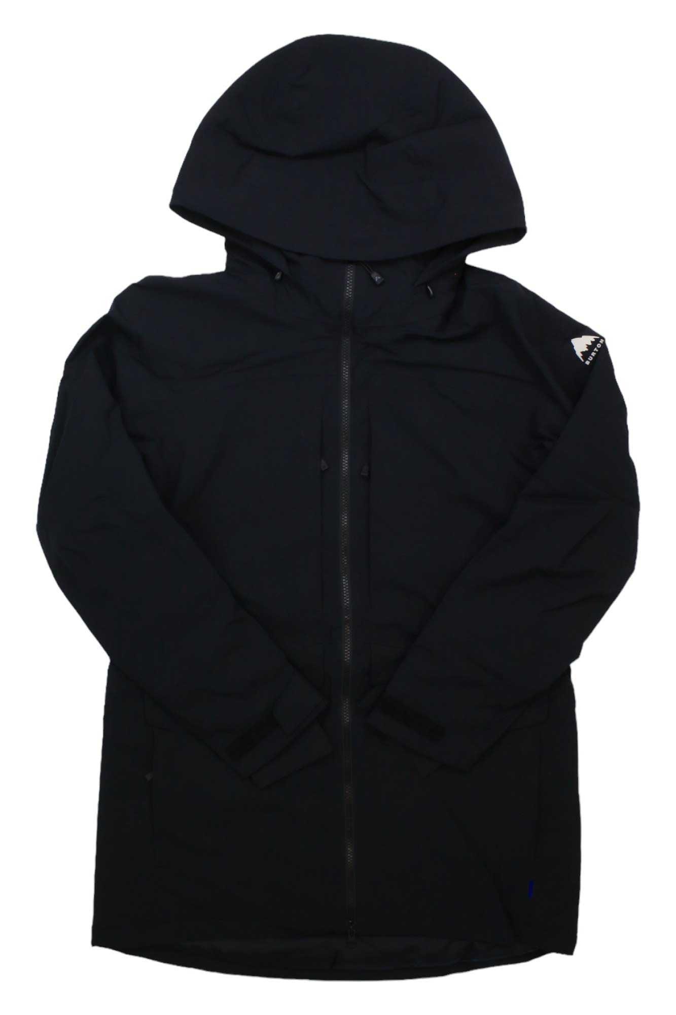 The Burton Womens Prowess 2.0 Jacket is a black hooded jacket with a front zipper, long sleeves, and a small triangular logo on the upper left arm. It features ThermacoreEco insulation for warmth and comfort, shown laid flat on a white background.