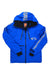 The Thirty Two Men's TM Jacket features a bright blue 4-way stretch design with black accents, front zipper, multiple zippered pockets, bold white branding on the hood, sleeves, chest, and black inner wrist gaiters for added comfort.