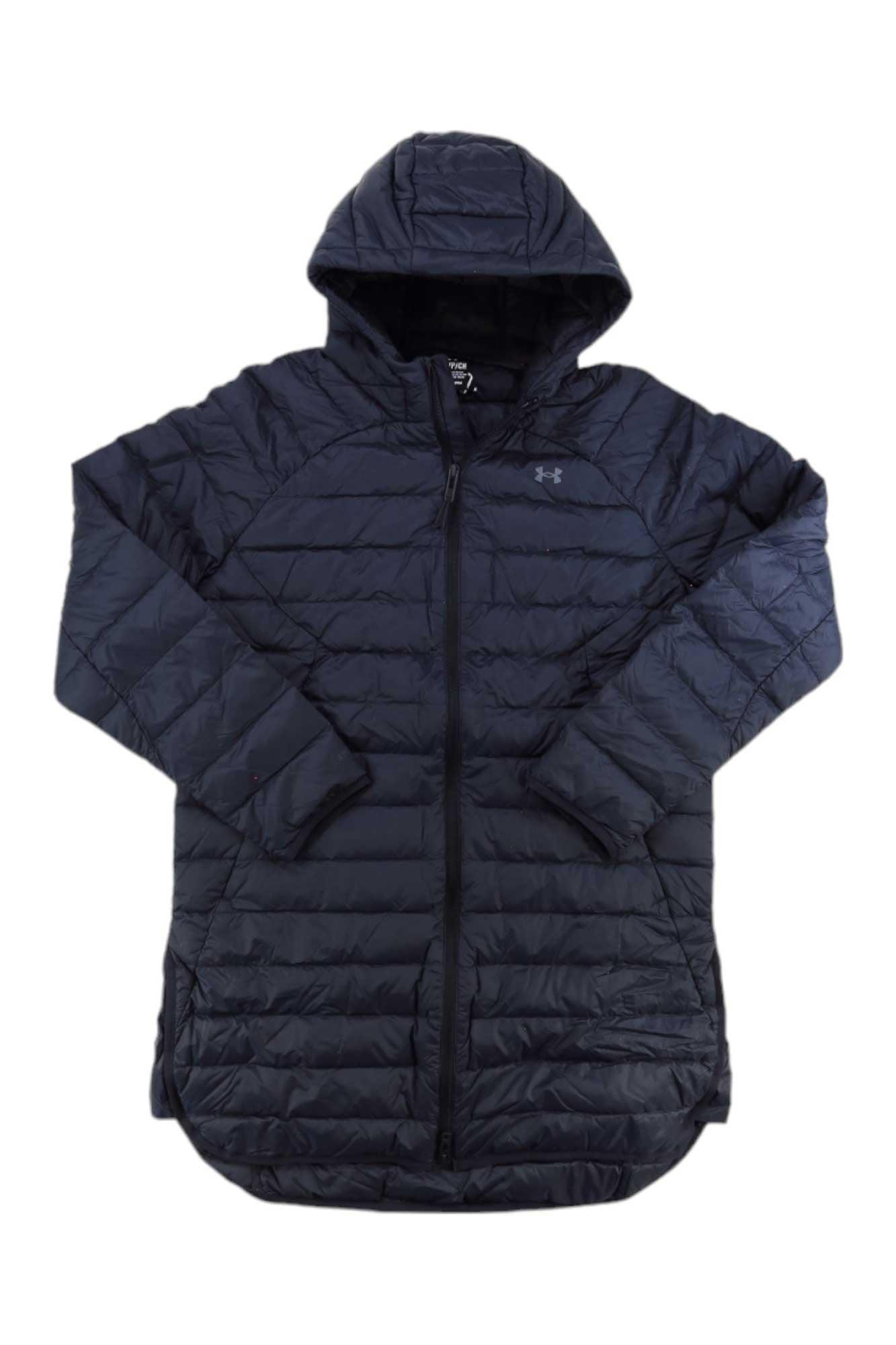 The Under Armour Women's Armour Down 2.0 Parka is a black, hooded jacket with 600-fill duck down insulation, long sleeves, front zipper, UA logo on the left chest, a slightly curved hem, and horizontal stitching for a sleek look.