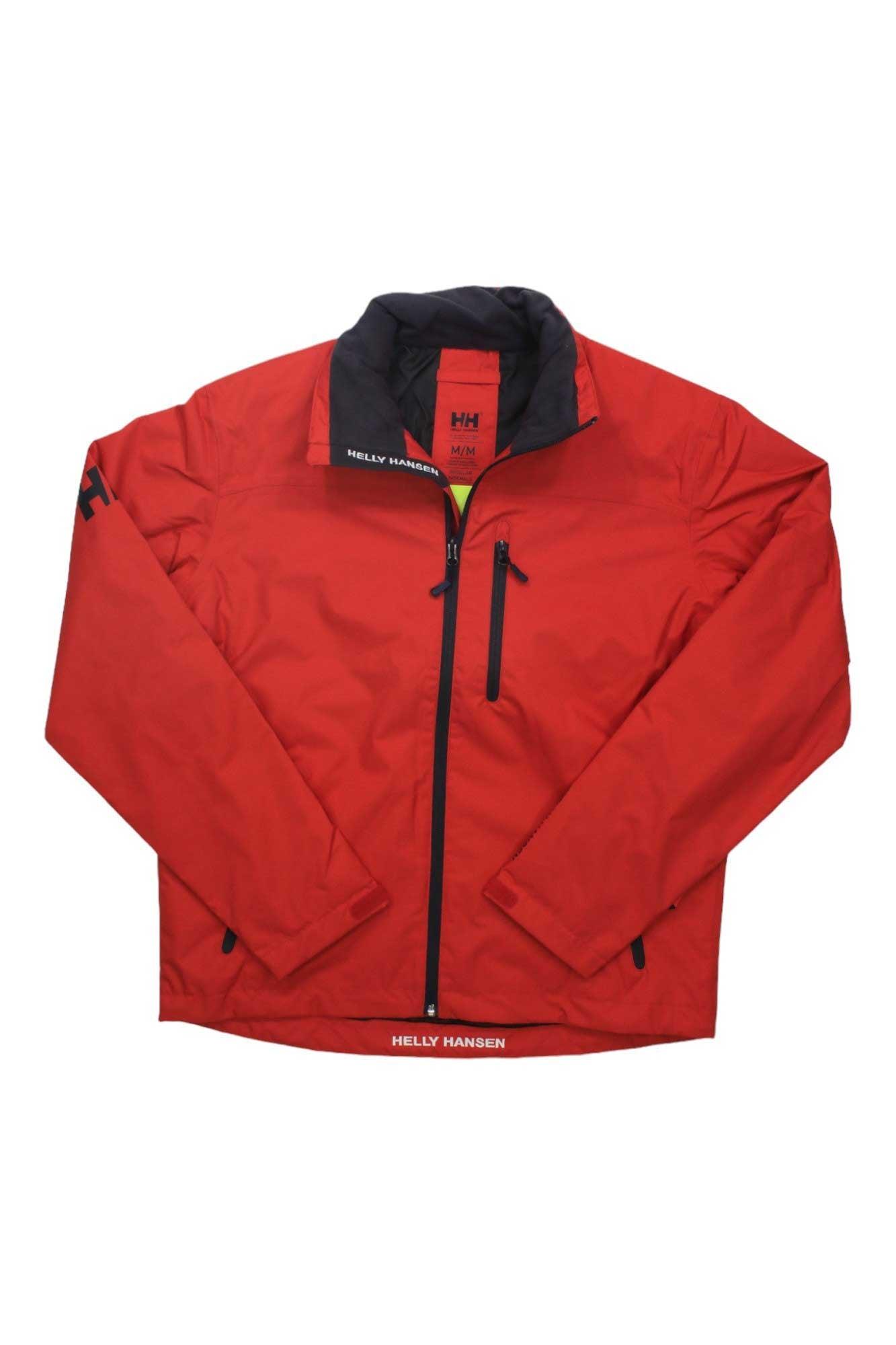 The Helly Hansen Men's Crew Midlayer Jacket is red with a black collar and zipper, zippered chest and side pockets, and features the Helly Hansen logo on the collar and left sleeve.