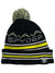 The Spyder Boys Mini Icebox Hat is a black knit winter hat with yellow, white, and gray stripes, a pom-pom on top, bold SPYDER lettering, a white spider logo on the brim, and cozy fleece lining for added warmth.