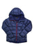 The Marmot Womens Hype Down Hoody, a blue insulated jacket with a hood and red front zipper, featuring 800 fill goose down, is laid flat on a white background.