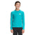 A smiling boy wears The North Face Boys Amphibious LS Sun Tee, a bright blue long-sleeve swim shirt with UPF 40+ and THE NORTH FACE on the left sleeve, paired with black pants, standing against a plain white background.