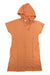The Toad & Co Women's Epiq Hooded SS Dress is a short-sleeved, hooded, orange hemp dress with a V-neck and drawstring, shown laid flat on a white background.