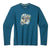 The Smartwool Bear Country Graphic LS Tee is a long-sleeved teal Merino wool shirt with a multicolored geometric bear graphic and Smartwool logo, ideal for hiking. Displayed flat on a white background.