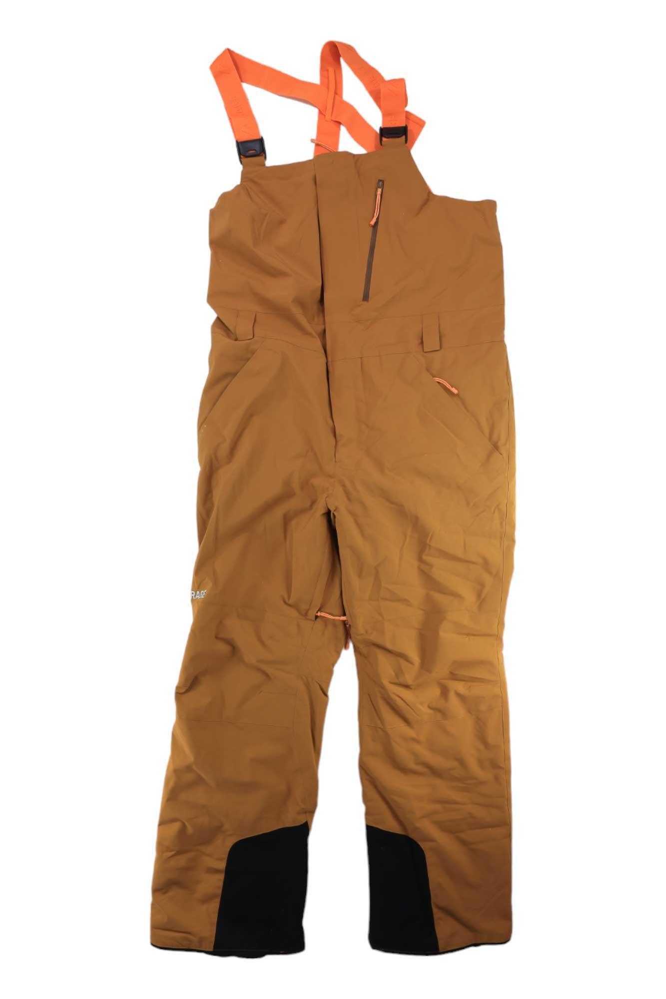 Orage Mens Leeds Insulated Bib Pant: brown insulated snow bib with orange adjustable straps, zippered chest pocket, side pockets, and black reinforced cuffs laid flat on a white background; waterproof and designed for winter.