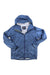 The Outdoor Research Mens Helium Ascentshell Jacket in blue is shown laid flat on a white background, featuring a hood, front zipper, two zippered pockets, and long sleeves for breathable outdoor comfort.