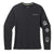The Smartwool Outdoor Patch Graphic LS Tee is a black Merino wool long-sleeve featuring the brand logo on the left chest, three outdoor-themed patches on the right sleeve, and natural moisture management for active adventures.