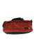 A red and black Osprey Heritage Transporter 45 Duffle Bag made from recycled nylon, featuring carrying handles and a front zippered pocket, is displayed on a white background.
