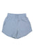 The Under Armour Women's Flex Woven 5 Inch Short features light blue 4-way stretch fabric, an elastic waistband, and side pockets for comfort and flexibility. Shown laid flat on a white background.