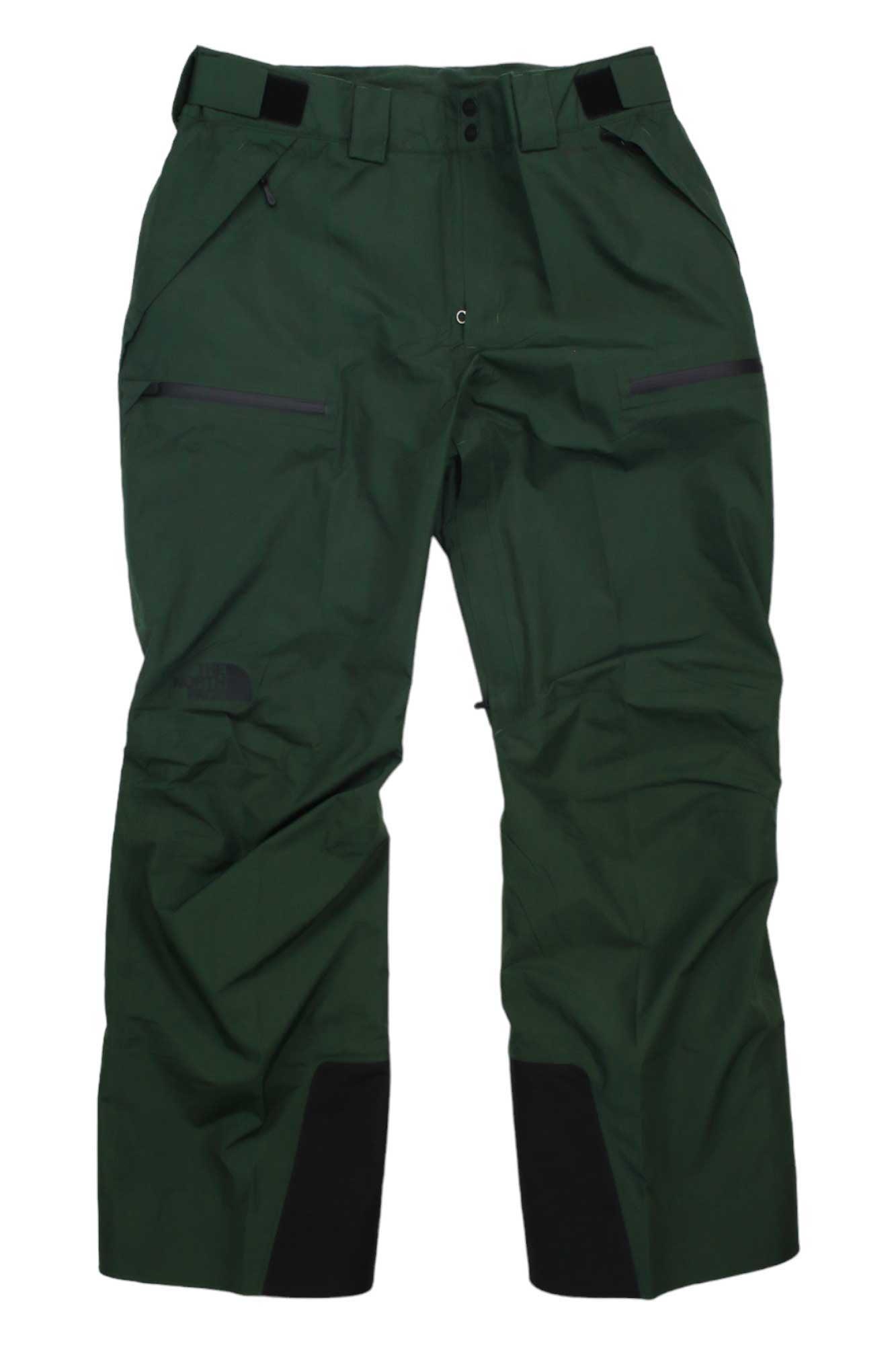 The North Face Mens Dawnstrike Gtx Pant features dark green GORE-TEX, black reinforced cuffs, zippered front pockets, and adjustable waistband tabs—men's outdoor pants built for any adventure.