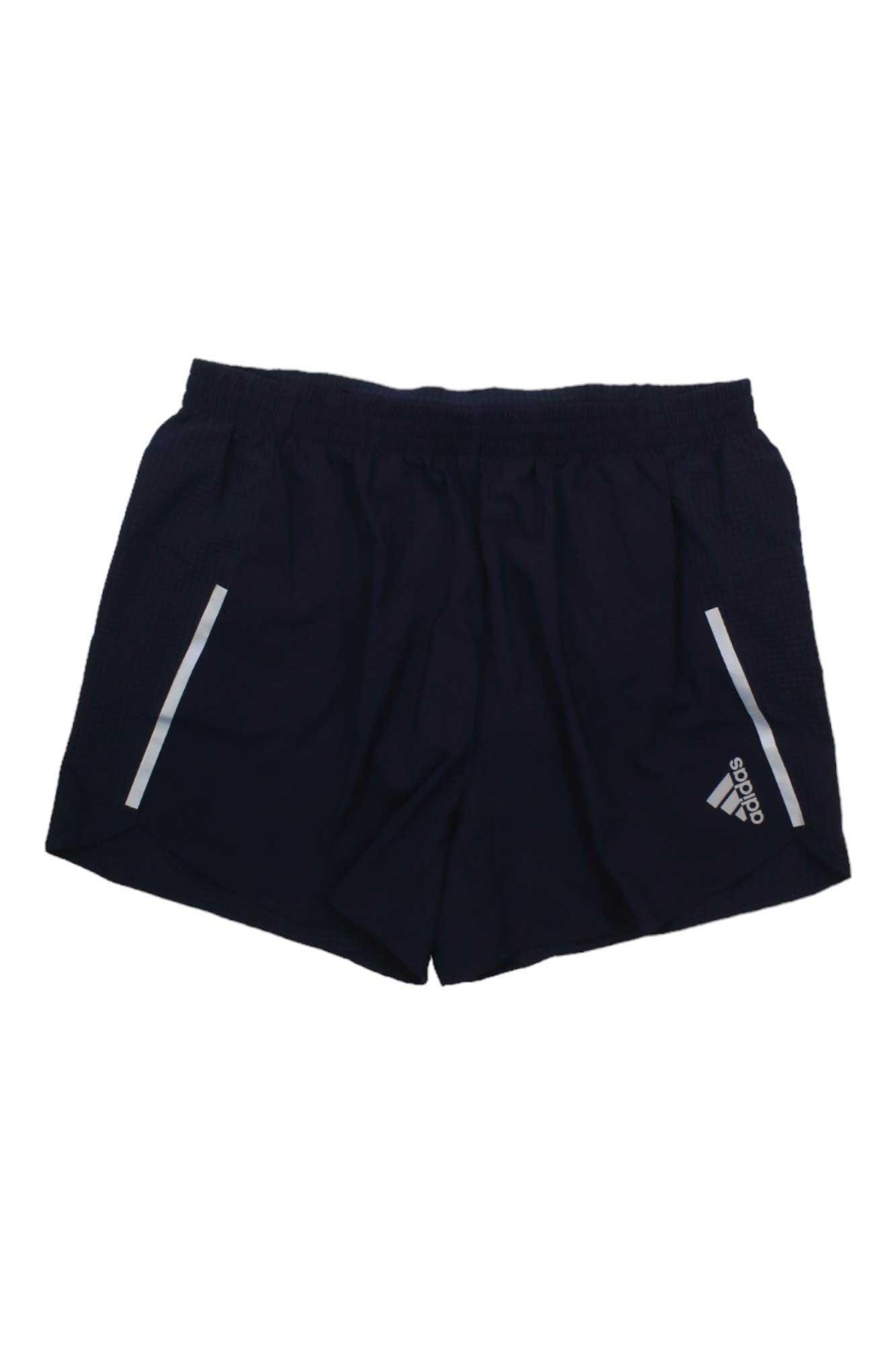 The Adidas Mens D4R 5 Inch Short features black recycled polyester, white side stripes and logo, an elastic waistband, two pockets, and moisture-wicking fabric for comfort during workouts.