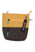 The Sherpani Women's Sadie Cross Body Bag is a two-tone pouch made from recycled materials, with a yellow top, brown bottom, two zippered pockets with turquoise pulls, and a black Sherpani keychain on the top zipper.
