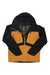 The Picture Men's Kory Jacket is a two-tone outdoor shell with a yellow-orange body and black sleeves, shoulders, and hood. It has a front zipper, zippered chest pocket, and an inner collar brand label. Ideal as a waterproof jacket for men.