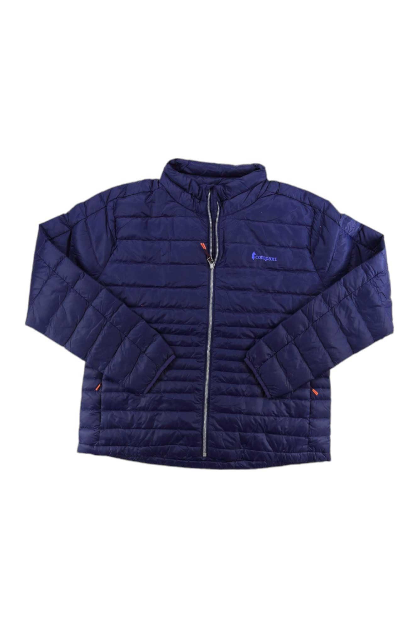 The Fuego Down Jacket, a navy blue packable insulated coat with a front zipper, long sleeves, and side pockets, is shown laid flat on a white background.