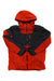 A red and black Spyder Mens Copper Jacket with a front zipper, long sleeves, and high collar is displayed flat. This waterproof ski jacket features PrimaLoft ECO insulation and black panels for extra warmth.