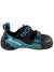 The Scarpa Boostic Climbing Shoe in blue and black features two Velcro straps, a rubber toe cap, logo on the side, and Vibram XS Edge rubber—ideal for sport climbing and rock routes with its low-profile design.