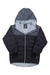 The Therm Kids' Hydracloud Puffer Jacket in black and gray features SplashMagic fabric, a front zipper, quilted pattern, light gray lining, and is shown laid flat with sleeves outstretched and the hood up.