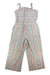 The Toad & Co Women's Taj Hemp Strappy SL Jumpsuit is a sleeveless, full-length jumpsuit with shoulder ties, front buttons, pastel vertical stripes on white, wide legs, adjustable waist, and moisture-wicking fabric for travel comfort.