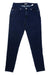 The Pearl Izumi Women's Rove Cycling Jean in dark blue is shown laid flat on a white background, highlighting its front pockets, belt loops, and button closure.