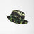 The North Face Kids' Class V Brimmer Hat is a wide-brim sun hat made from recycled polyester with a green, black, and yellow camouflage pattern, shown against a plain white background.