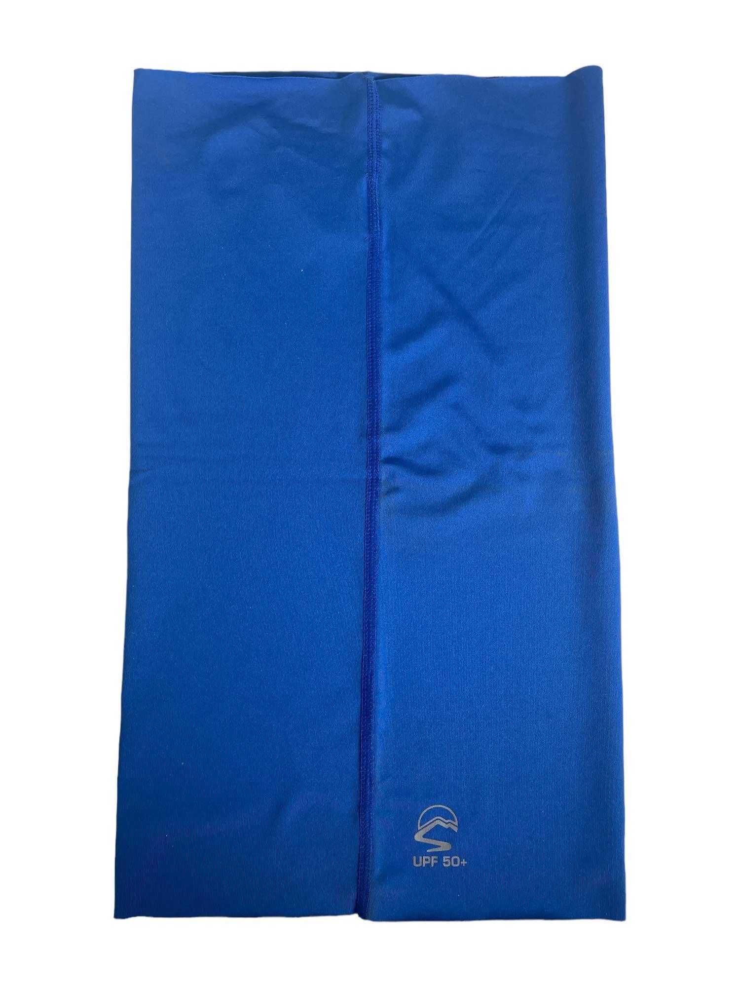 The Sunday Afternoons Kid's UVShield Cool Gaiter is a bright blue, rectangular fabric with a central seam and a small UPF 50+ sun-and-wave logo on the lower right corner for sun protection.