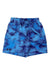 The Under Armour Boys' Woven Printed Short features a blue and black speckled swirl design, elastic waistband, side pockets, Under Armour logo on the left leg, and offers moisture-wicking comfort all day.