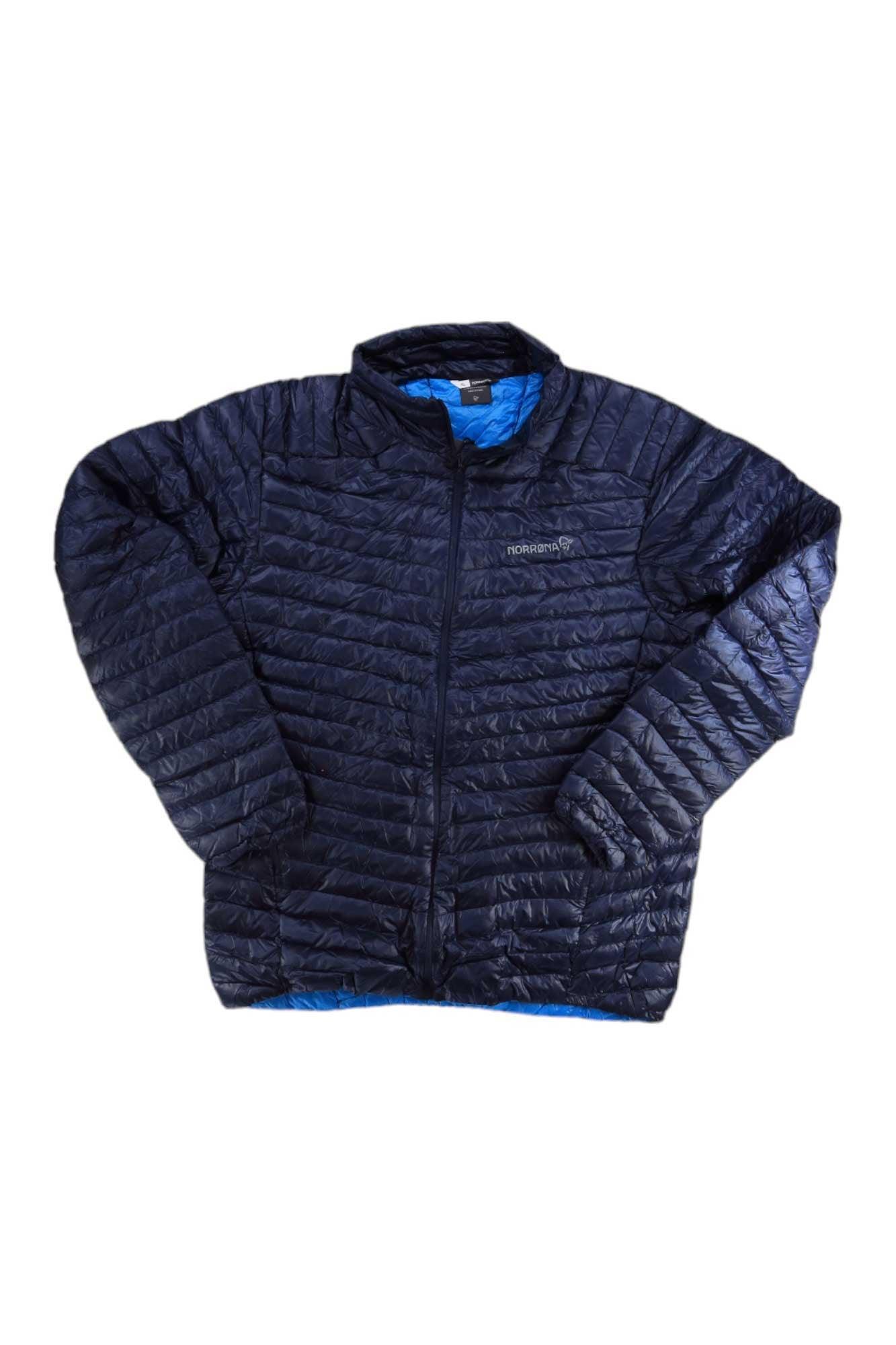 The Norrona Mens Trollveggen Superlight Down850 Jacket is a navy blue, quilted lightweight insulated jacket with a front zipper, long sleeves, visible stitching, and a slightly shiny finish, shown against a white background.