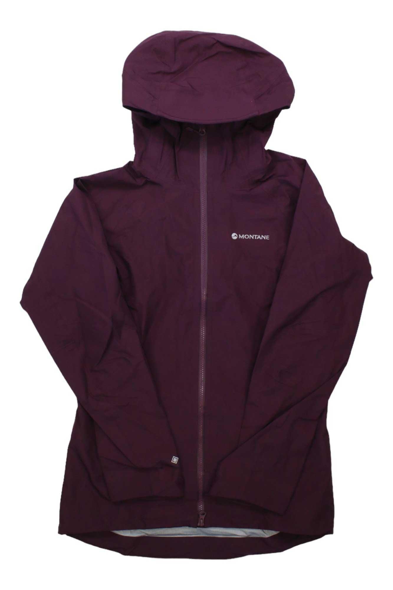 The Montane Womens Phase Jacket in maroon is a breathable shell hooded jacket with a front zipper, shown flat on a white background. The Montane logo appears on the left chest.