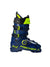 The Fischer RC4 120 MV Boa VAC GW Ski Boot in blue and yellow, designed for advanced skiers with stiff flex, multiple buckles, and fastening straps, is shown from the side against a white background.