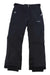 The Spyder Girls Olympia Pant is a pair of black snow pants with an adjustable waist, belt loops, zip and button closure, side pockets, waterproof insulation, reinforced ankle cuffs, and a small embroidered logo on the thigh.