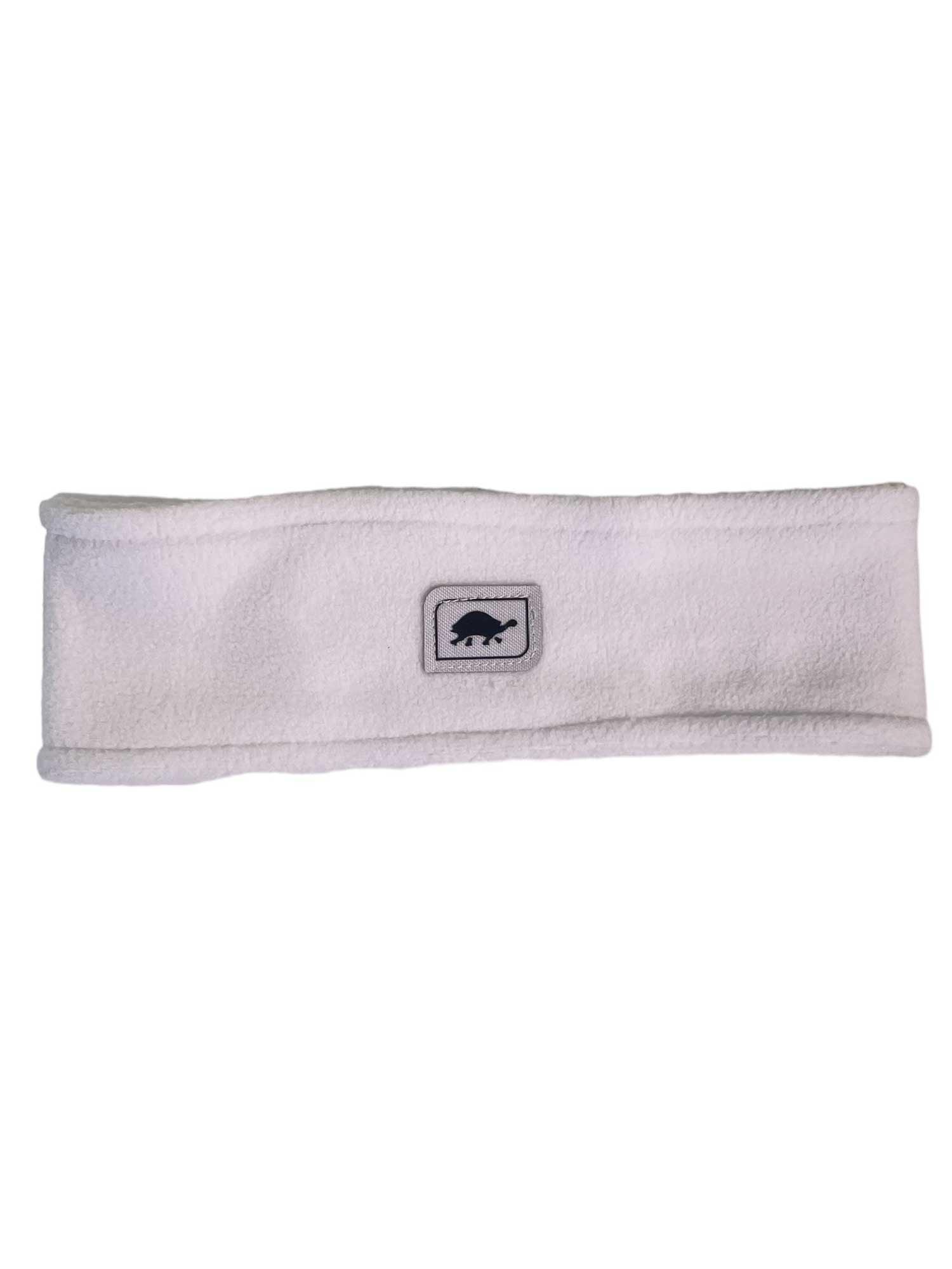 The Turtle Fur Chelonia 150 Double Layer Band is a white fleece headband with a center patch featuring a black bear silhouette. Perfect for winter camping, it provides sun protection while keeping you warm and stylish outdoors.