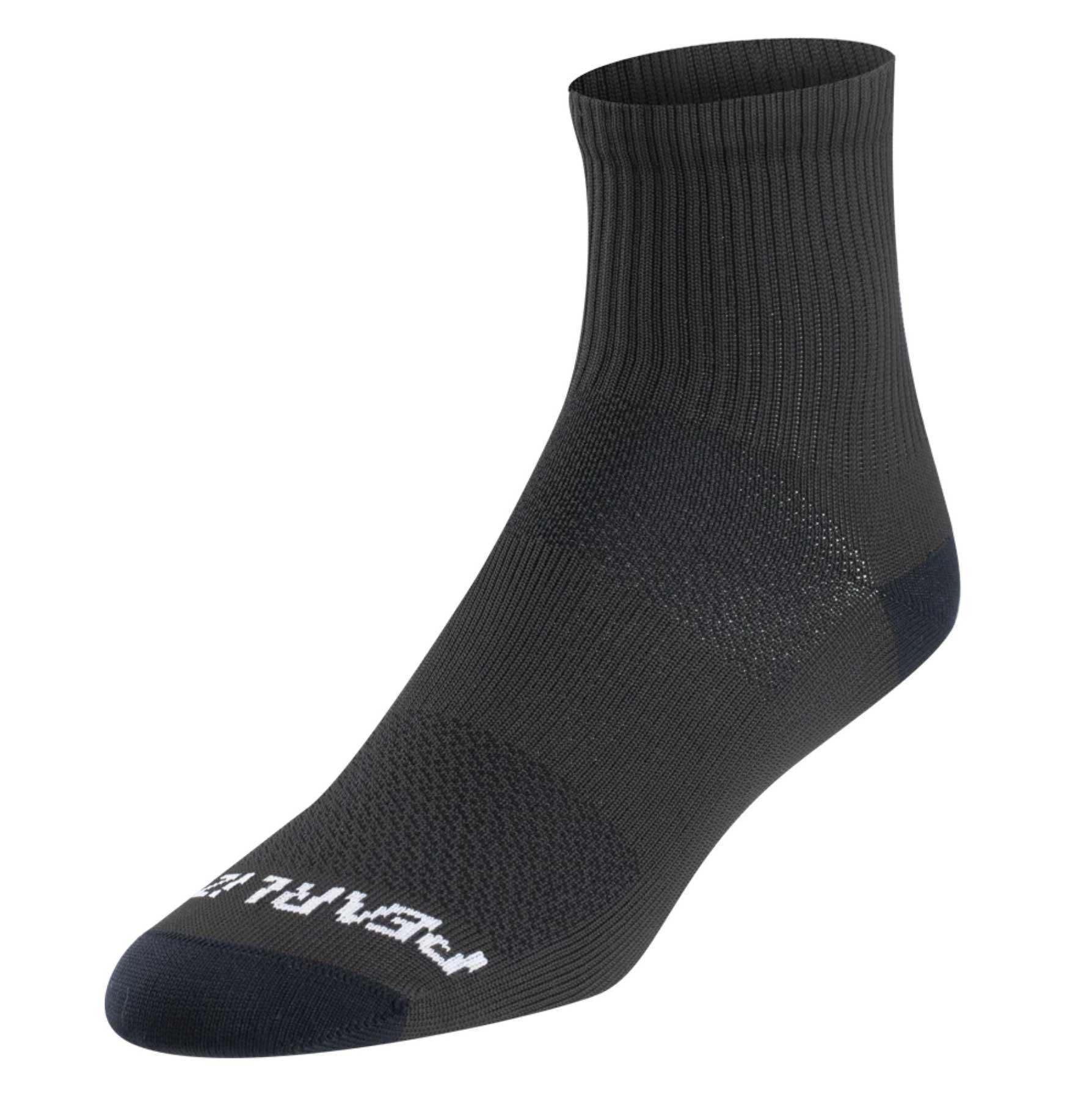 The Pearl Izumi Transfer 4 Inch Sock is a single black sock made with recycled materials, featuring a ribbed cuff, reinforced toe and heel, white text on the toe, and an athletic midcut design.