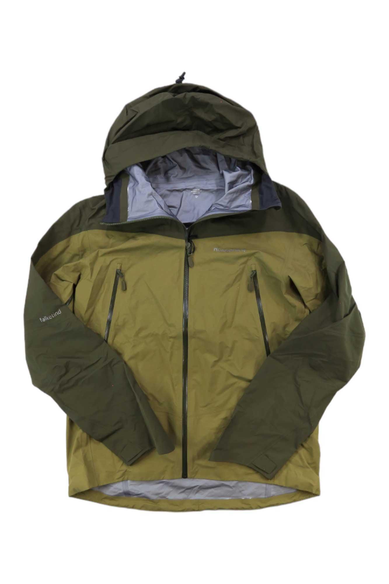 The Norrona Mens Falketind GTX Jacket in green and olive features a hood, front zipper, and two zippered chest pockets, shown laid flat on a white background.
