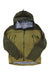 The Norrona Mens Falketind GTX Jacket in green and olive features a hood, front zipper, and two zippered chest pockets, shown laid flat on a white background.