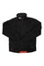 The Helly Hansen Mens Crew Midlayer Jacket is a black, windproof jacket with a front zipper, high collar, and red zipper accents. A white Helly Hansen logo is displayed on the collar and a red label is visible at the bottom hem.