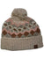 The Sherpa Manaslu Beanie is a handcrafted lambswool beanie with a pom-pom, showcasing zigzag and diamond patterns in beige, pink, brown, and gray. A folded brim with a small brown patch adds extra charm.