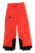 The Spyder Boys Propulsion Pant features bright orange color, black reinforced cuffs, front and zippered side pockets, and the white Spyder logo on the upper leg. These waterproof ski pants are ideal for winter adventures.