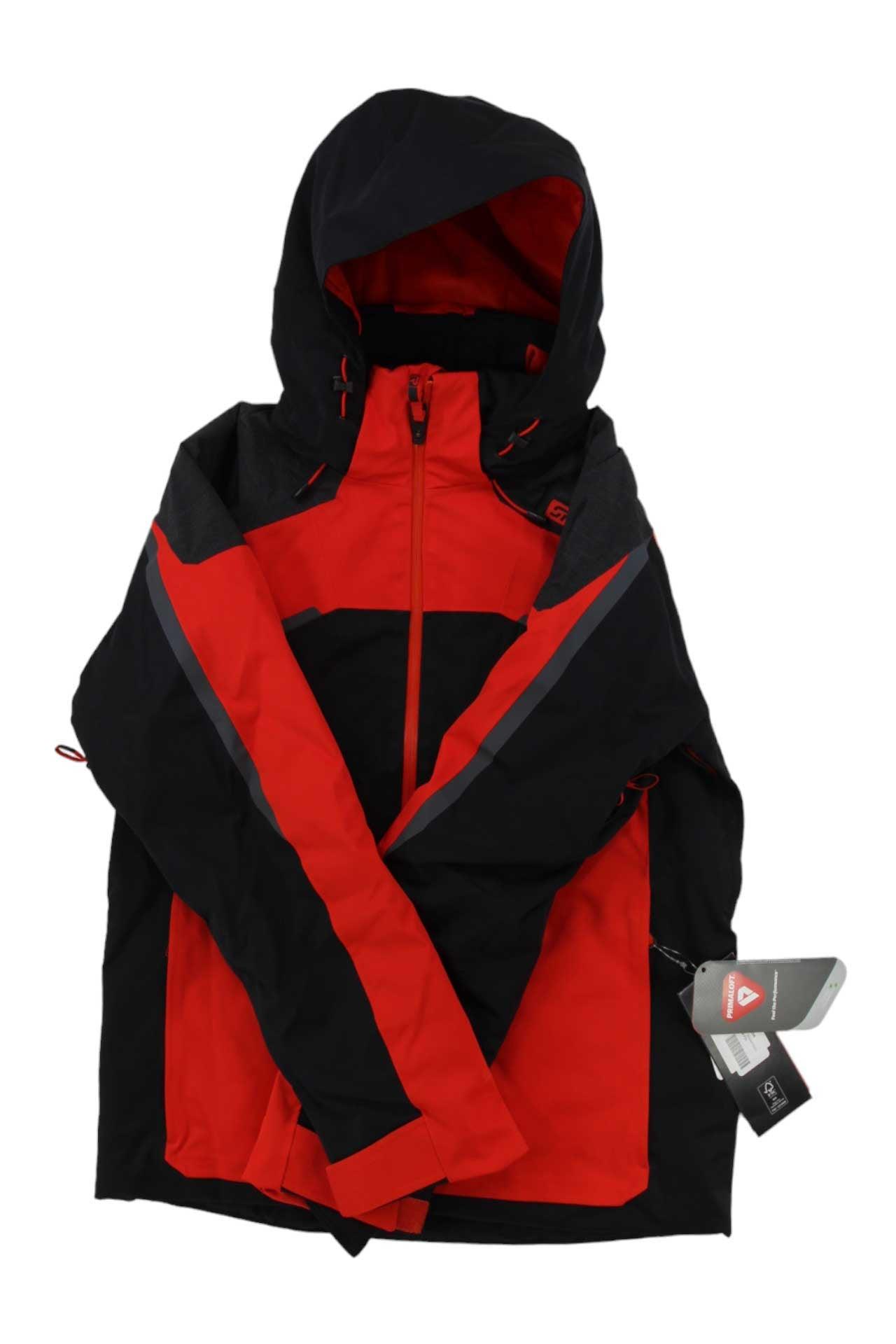 A Spyder Mens Leader Jacket in red and black with Primaloft Silver Eco insulation, hood, front zipper, and tags attached—shown against a white background.