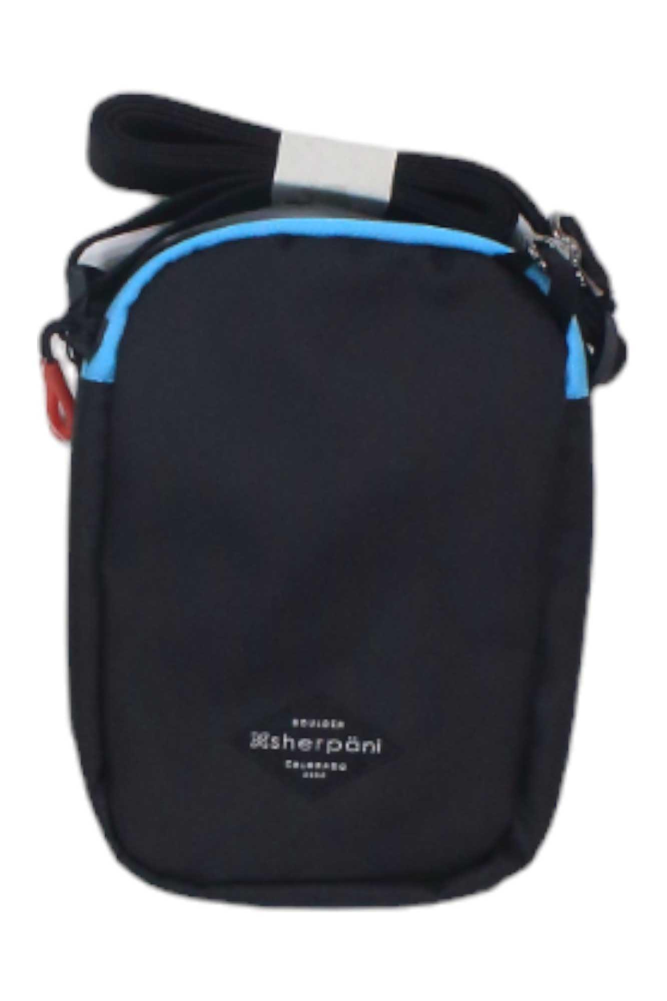 The Sherpani Women's Rogue Mini Crossbody Bag is a small black bag made from recycled polyester, featuring light blue trim, a zippered top, and an adjustable shoulder strap.